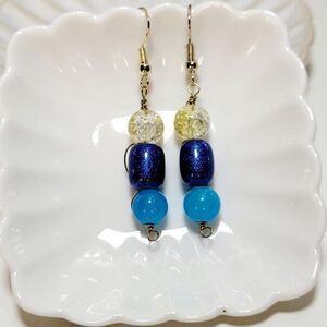 Blue Glass Gold plated Hooks Hidden Meaning earrings Throwback Kid Unique  648■